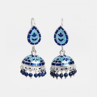 Cercei din argint jhumka Dhyaan cu email albastru și bleu, India