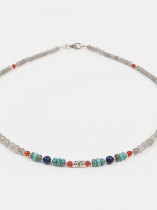 Colier din labradorit, lapis lazuli, carneol, haolit turcoaz și argint, Nisha, India