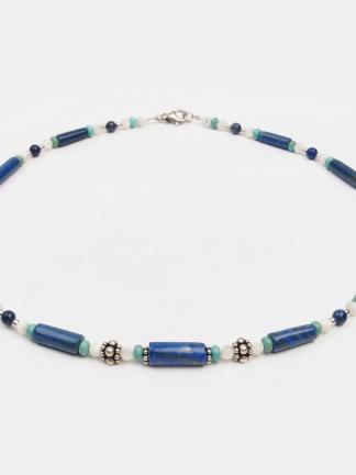 Colier din lapis lazuli, haolit turcoaz, sidef și argint Saraswati, India