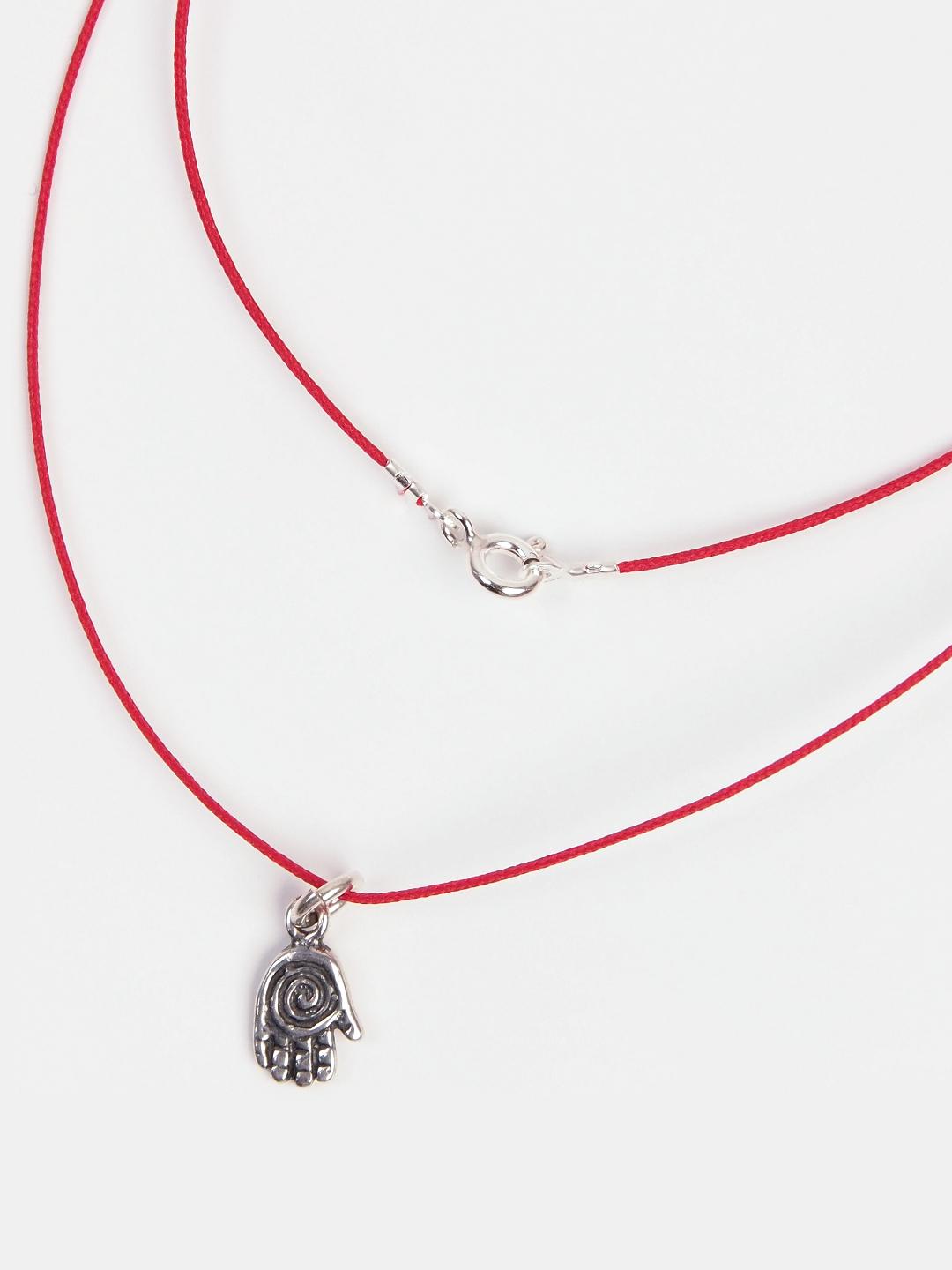 Colier cu amuletă Hamsa din argint pe șnur roșu, Maroc