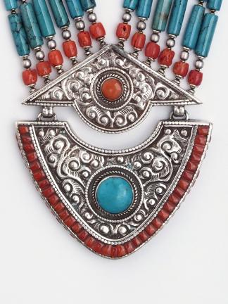 Colier statement unicat argint, turcoaz și coral Nepalganj, Nepal