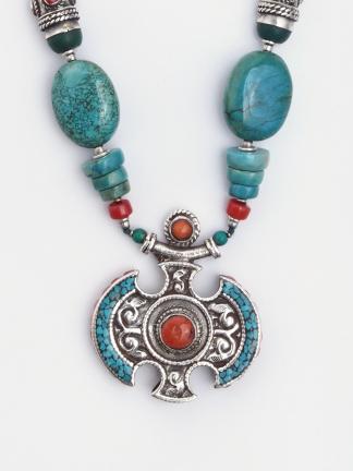 Colier statement unicat argint, turcoaz și coral Gamgadhi, Nepal