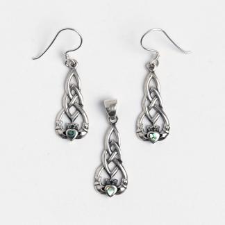 Set celtic cercei și pandantiv Dara-Claddagh, argint patinat și scoică pawa