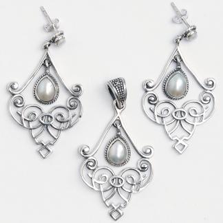 Set cercei și pandantiv candelabru Karimnagar, argint și perle de cultură, India
