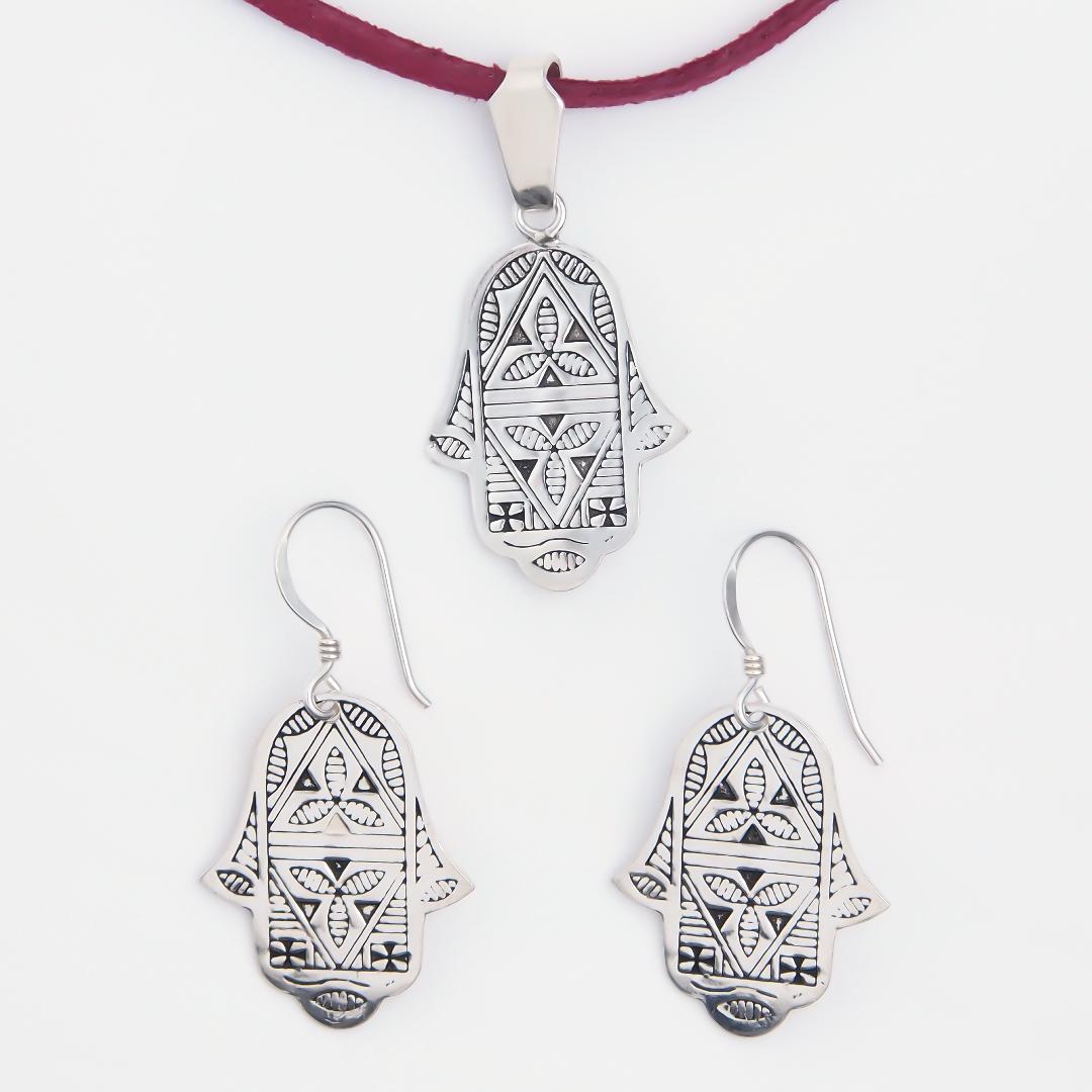 Set amuletă hamsa cercei și pandantiv din argint, Niger