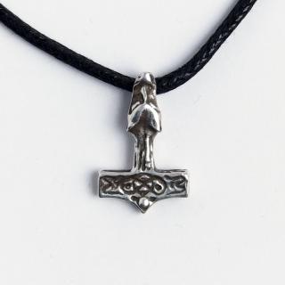 Amuletă Ciocanul lui Thor cu cap de lup, argint, șnur negru