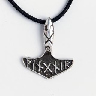 Amuletă Ciocanul lui Thor cu scriere runică, argint, șnur negru