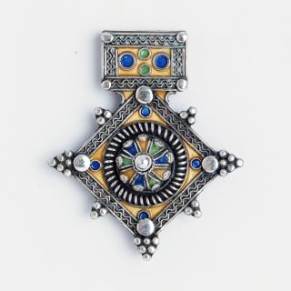 Amuletă unicat cruce de Goulimine, argint și email, Maroc
