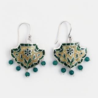 Cercei din argint Padma cu email verde și auriu, India