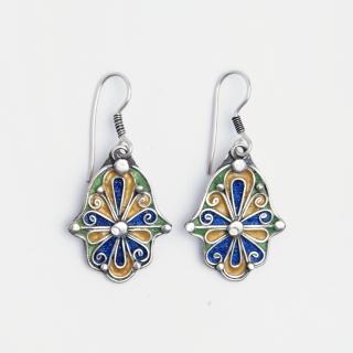 Cercei hamsa Fatima, argint și email albastru, verde și galben, Maroc