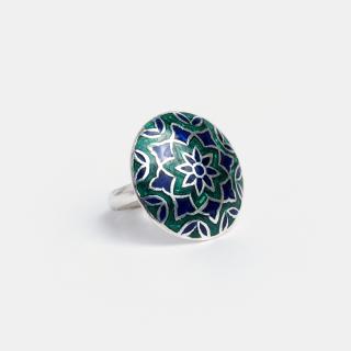 Inel din argint rotund Sundar cu email verde și albastru, India