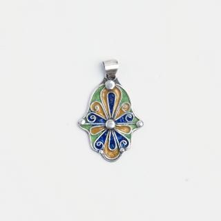 Pandantiv hamsa Fatima, argint și email albastru, verde și galben, Maroc