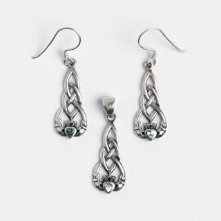 Set celtic cercei și pandantiv Dara-Claddagh, argint patinat și scoică pawa