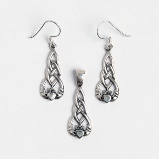 Set celtic cercei și pandantiv Dara-Claddagh, argint patinat și sidef