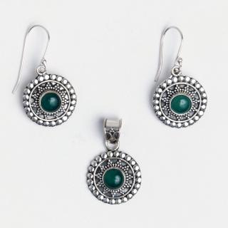 Set cercei și pandantiv argint și agată verde Kalyan, India