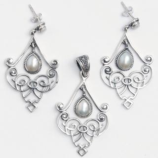 Set cercei și pandantiv candelabru Karimnagar, argint și perle de cultură, India
